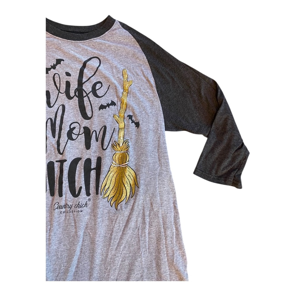 Country Chick Wife Mom Witch Raglan Shirt Womens Medium Gray Gold Broom Graphic - Picture 2 of 8